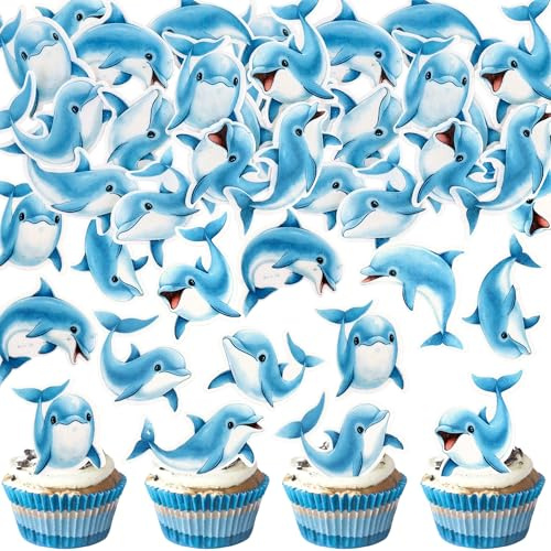 Blumomon 48Stück Essbare Delfine Kuchen Deko Dolphin Cupcake Topper Meeresthemen Meerestiere Geburtstagstorte Topper Unter dem Meer Party Supplies Kuchen Dekoration Ocean Party