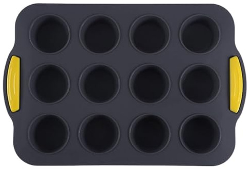 Amosfun Teglia Grande per Muffin in Silicone 12 Tazze Grigio Scuro Manico Giallo per Preparazioni Dolci Salate e Piatti al Forno Antiaderente