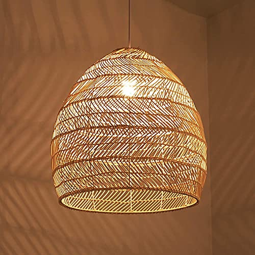 SYAXVOM Lampadario a Sospensione in Vimini Intrecciato a Mano, Lampada in Stile Country, soffitto Rotondo in bambù per Soggiorno - 35 cm