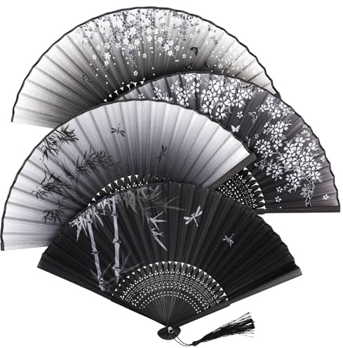 4 Pcs Silk Folding Hand Fans with Hollow Bamboo Frame