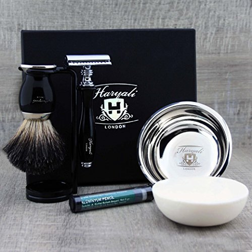 Set da barba nero con pennello di tasso nero puro e rasoio di sicurezza insieme a sapone e ciotola in acciaio inox.