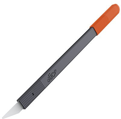 Slice 10568 Ceramic Scalpel, Thin Flat Handle, Finger Friendly Blade Never Rusts, Lasts 11x Longer Than Steel, Replaceable Blade, Safety Cap,Dark Grey/Orange