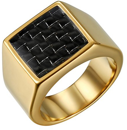 JewelryWe Schmuck Herren-Ring, Edelstahl Kohlenstoff Faser Kohlefaser Kariert Plaid Quadrat Rechteck Siegelring Band Ring für Männer, Schwarz Silber/Gold