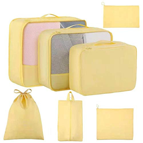 Koffer Organizer 7 Set,Packing Cubes Gepäck Packwürfel Organizer mit Schuhbeutel und Kulturbeutel (Gelb)