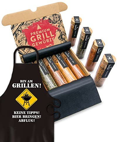 BBQ Gewürze Geschenkset & Grillschürze für Männer - 5 erlesene Grillgewürze inkl. Rezepte, besonderes Geschenk für Herren, Grill Geschenke für Grillfans, Barbeque Zubehör Gewürz Set