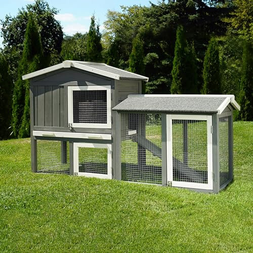 Miweba MyAnimal Hasenstall MH-03 | Kaninchenstall mit Freilaufgehege - Hasenkäfig - Kleintierkäfig - Holz imprägniert - Kaninchenkäfig Winterfest - Kleintiergehege - Käfig - Hasenhaus (Grau/Weiß)