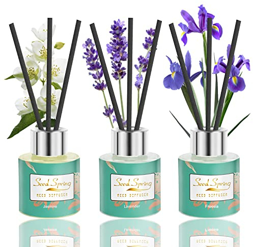 Reed Diffuser Set of 3, Seed Spring Lavender Jasmine Freesia Oil Scent Diffuser Sticks Office Home Fragrance Products 1.7oz x 3