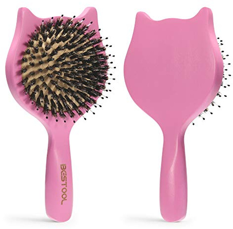 Hair Brush, BESTOOL Small Travel Hair Brushes for Women, Men or Kids, Wooden Toddler Boar Bristle Hair Brush for Detangling, Defrizz, Distribute Oil (Pink)