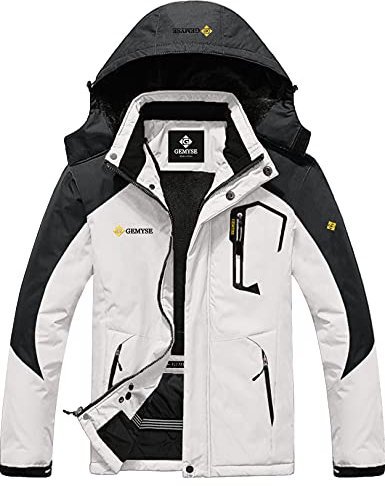 GEMYSE Veste de Ski pour Homme Impermeable Coupe-vent Manteau d'hiver Chaud avec Capuche Blouson Randonnée pour Montagne(Blanc Gris,M)