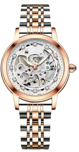RORIOS Damklockor vattentät mekanisk automatisk klocka med läderarmband skelett Tourbillon klockor mode lysande klockor för flickor kvinnor, silver, Armband