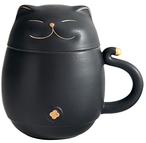 HEER Ceramic Black Cat Tea Cup 10oz with Infuser and Lid, Black | Cat Lover & Cat Mom Birthday Gift for Friends Family, Perfect for Loose Leaf Tea, Home & Office Use