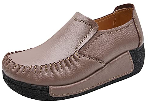 rismart Baskets Talon Compensé Femme Plateforme A Enfiler Chaussures de Ville Sneakers avec élastique Marron,37