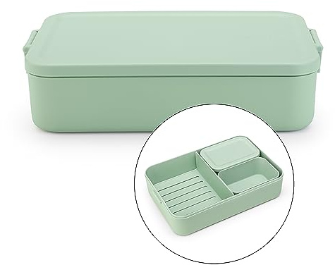 Brabantia - Make & Take Lunch Box Bento (2L) - Removable Compartments for Food Separation - Lid with Clips - Suitable for Freezer - Dishwasher & Microwave Safe - Jade Green - 25.5 x 16.7 x 6.2 cm