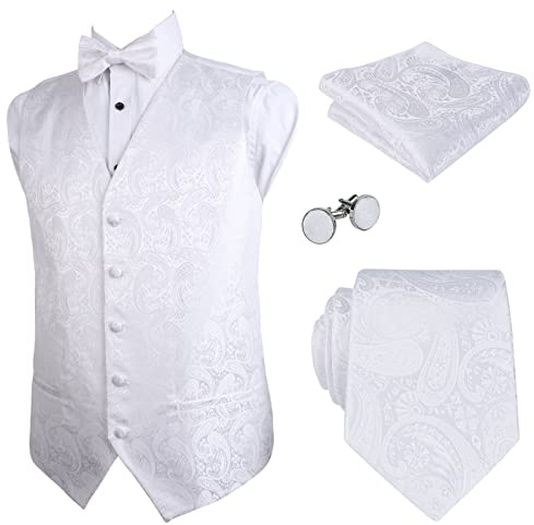 Alizeal Herren Weste Krawatte Hanky Manschettenknöpfe und Fliege Set Paisley Classic 5pc, weiß-M