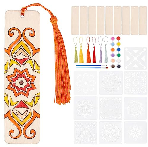 WEBEEDY 36 Sets Holz Lesezeichen DIY Kit, Leere Holz Lesezeichen, Unlackierte Holz Lesezeichen Mit Bunten Quasten Und Blumen DIY Vorlagen
