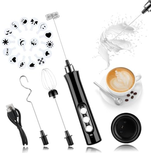 Espumador eléctrico de leche de mano con 3 batidores, espumador recargable por USB, 3 velocidades, ajustable, mezclador de bebidas para café, café con leche, capuchino, pastel, huevo, chocolate