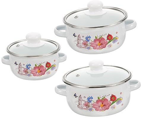 GANAZONO 3Pcs Pentola Cucina Smaltata Bianca Pentola Pentola Minestra Delicata Pentola Zuppa Vintage Pentola Zuppa Con Coperchio Pentola Vintage Pentola