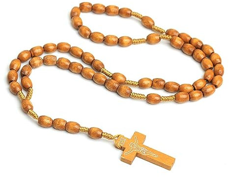 BISONBLUE Halskette für Damen Anhänger Frauen Herren Kette Pulloverkette Rosenkranz-Kreuz-Anhänger-Halskette, Natürliche Holzperlen, Handgefertigte Perlenkette, Kreuz, Christentum, Religiöser Jes