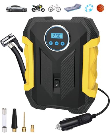 Inflador de Ruedas de Coche,Compresor de Aire,Compresor de Aire Portátil para Ruedas de 12 V con Luz LED - Manómetro Digital, Autobombeo,Manómetro y 3M Cable para Moto, Bicicleta, Pelota, Coche y Etc