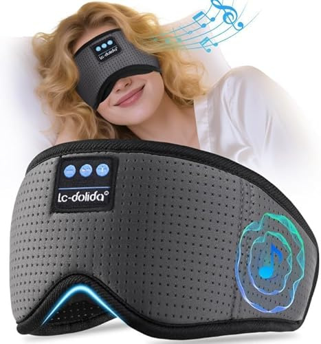 LC-dolida Schlafmaske mit Kopfhörer Schlafkopfhörer Bluetooth V5.4, 100% Lichtblockierende Atmungsaktive Schlafbrill für Frauen Herren,Augenmaske Schlafbrille für Reisen/Nickerchen/Yoga/Meditation