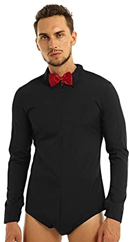 Yhong Herren Bodysuit Langarm Tanz-Body Latein Obeteile Hemdbody Overalls Männerbody mit Fliege Tango Rumba Party Tanzkleidung Tanzkostüm Schwarz XL