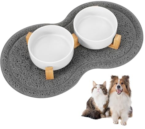 Vexillic Ciotole per Cani Ceramica, 2 Pacchi Ciotola Rialzata per Cani, 450 ML Ciotole Cane con Supporto in Bambù e Tappetino Antiscivolo Adatto di Media e Piccola