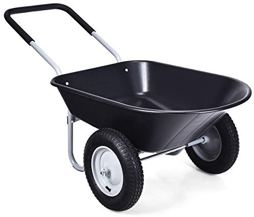 GOPLUS Skjutkärra, skottkärra med 2 pneumatiska däck med metallfälg och PP-badkar och mjuka grepphandtag, byggskottkärra med bärkraft, för hästgödsel och jord och verktyg, för trädgård och stall