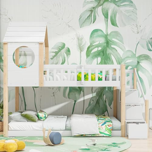 Ctastay Kinderbett Etagenbett Hochbett 90x200 cm, Bett Holzbett Hausbett mit Stauraum Schublade & Treppe, Stockbett Jugendbett Familienbett mit Lattenrost & Rausfallschutz, Weiß + Natur, Ohne Matratze