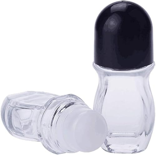 2Pcs 50ml Clear Refillable Glass Roll-On Deodorant Bottles Empty Essential Oils Roller Bottles Containers with Plastic Roller Ball and Black Cap for Deodorant Lip Oil Massage Oil Tools