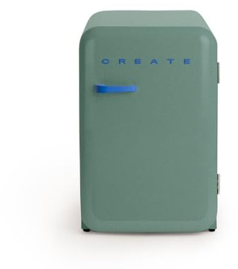 CREATE / RÉTRO FRIGO 83.5 ARGENT/Réfrigérateur vert sauge avec poignée bleu cobalt / 98W, basse consommation, 2 étagères, régulateur de température, porte-bouteilles, 56x54x84cm.