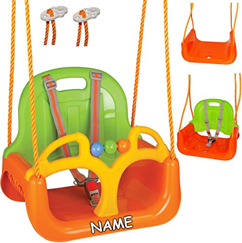 alles-meine.de GmbH Gitterschaukel Modell + Farbwahl Schaukel - incl. Name - mitwachsend & umbaubar - Babyschaukel - mit Gurt - ORANGE/GRÜN/GELB - Leichter Einstieg ! - b..