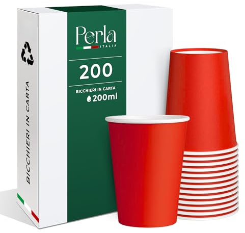 Perla - 200 Bicchieri di Carta da 200 ml - Bicchiere Monouso Biodegradabile Ecologico - Adatto per Bevande Fredde e Calde - Bicchieri per Acqua usa e getta (Rosso)