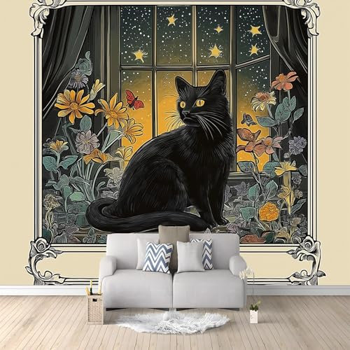 Fotomurales Ventana Floral Gato Negro 250x175 cm Papel Tapiz Fotográfico no tejido 3D Moderna Fondo De Pantalla Mural Decoración De Pared Sala Cuarto Oficina Salón