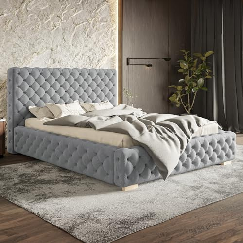 MOTIVENA Dianna Chesterfield Bett 160x200 Grau Samt, mit Stauraum, mit Kopfteil, mit Lattenrost, mit Füßen, ohne Matratze, Chesterfield Polsterbett 160x200 mit Bettkasten Grau (Hellgrau)