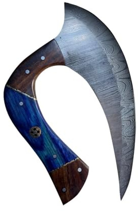 Chilgoza Custom Handmade D2 Chef Kitchen Ulu Knife Chef Knife Heavy Duty D2 Handle Rose Wood with Beautiful Leather Sheeth (Blue - Damascus Steel)