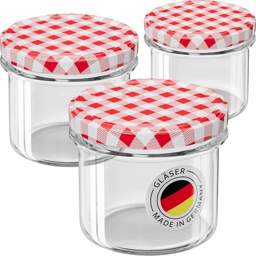 WELLGRO 12x Einmachgläser mit Schraubdeckel - 235ml - Deckel To 82 rot kariert - Made in Germany - Vorratsgläser mit Deckel, Gärglas, Dessertgläser