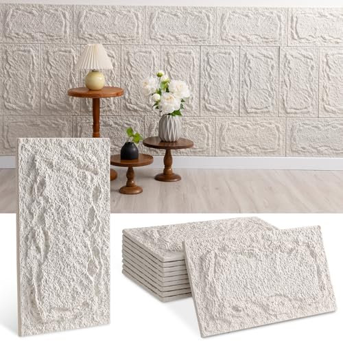 Lot de 10 Panneaux Muraux 3D, 45 x 25 cm Revêtement Mural Aspect Pierre, 2 cm d'épaisseur, Revêtement de Plafond, pour Intérieur et Extérieur, Décoration Murale (Blanc)