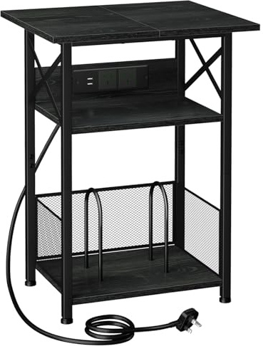 AMHANCIBLE Supporto per Giradischi con Stazione di Ricarica, Tavolo da Comodino a 3 Livelli con Piano di Lavoro Extra Large e Armadietto di Stoccaggio, Supporto per Dischi in Vinile per Fino a 100