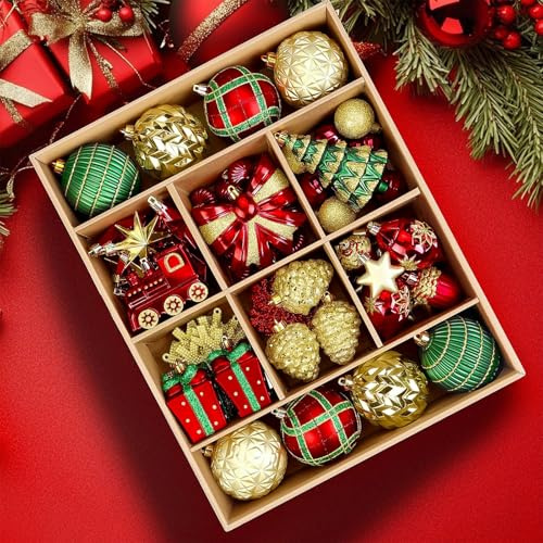 Alupssuc 82CT - Ensemble de Boules de Noël personnalisées, Boules incassables pour Sapin de Noël, fêtes, Mariages et décorations de Noël avec ficelles pré-suspendues, Rouge, Vert et Or