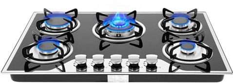 Plaque de cuisson à gaz 77 x 51 x 15 cm - Haute efficacité - 5 brûleurs - Extrêmement adaptable - Allumage automatique par batterie - En acier inoxydable - Pour cuisines domestiques, restaurants