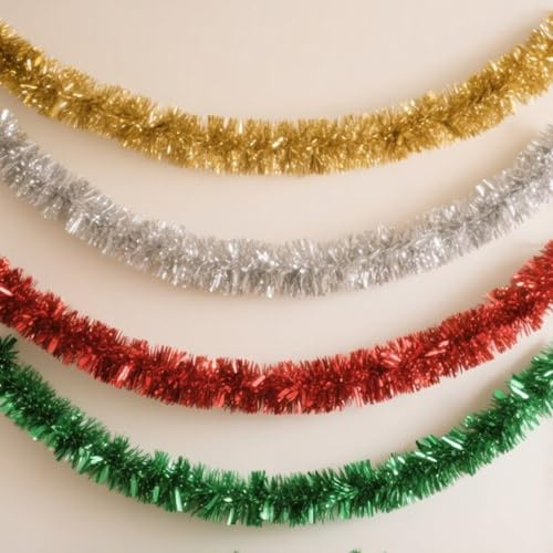4 Colors Holiday Metallic Twist Tinsel Garland Hanging Decoration for Christmas Tree Fireplace Staircase Window Festive Wedding Party Supplies (Multicolor)