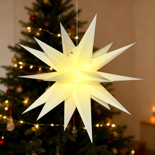 BAYHT 60cm Weihnachtsstern Beleuchtet, 3D Led Christbaumspitze Stern Batterie mit Timer, Adventsstern Stern Zum Dekorieren von Weihnachtsbaum, Innenhof, Balkon Und Garten