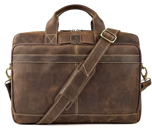 Mens Full Grain Leather Briefcase Fits 16 Inch Laptop, Leather Laptop Messenger Shoulder Satchel, Vintage Professional Work Office Bag - Brown