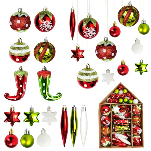 Eopvttge 70 STK Weihnachtsbaum Kugeln Set, Weihnachtskugeln Grün Rot Weiß, Weihnachtskugeln Plastik, Baumschmuck Weihnachten mit AufhäNger, Weihnachtsdeko, Elfen Thema