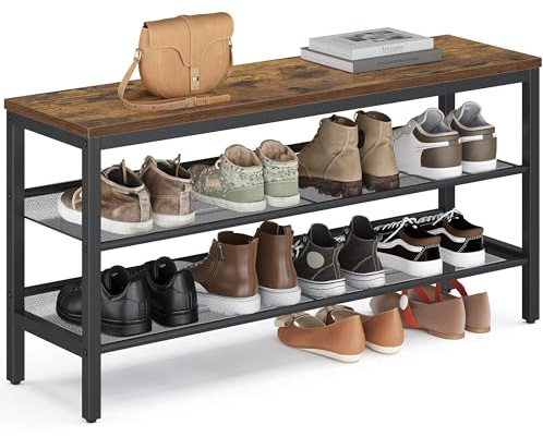VASAGLE Banco Zapatero de 3 Niveles, Estantería Monobloque, Estante para Zapatos con Bordes Elevados, Estilo Industrial, Montaje Fácil, 28 x 100 x 50 cm, Marrón Rústico y Negro Tinta LSB075KD02