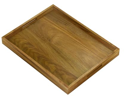 HillSpring Tablett Serviertablett Acacia-Holz, 43x33x4 cm, Rechteckig Tablett Holz Serviertablett groß Serving Tray mit Griffen für Küche, Wohnzimmer, Frühstück, Party