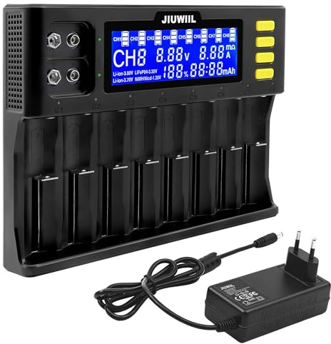 Chargeur de Batterie 18650, JIUWIIL Chargeur de Batterie Universel à Chargement Rapide 8+2 emplacements avec écran LCD pour Batteries Rechargeables Li-ION LiFePO4 RCR123 18650 26650 10440 14500 et 9V