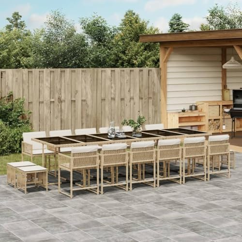 17-TLG. Gruppo da giardino Beige Poly Rattan, Sedie Pieghevoli, Tavolo in Vetro Temperato, Cuscino Bianco Panna per Terrazza, Balcone, Sala da pranzo all'aperto