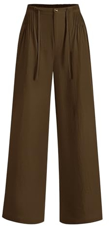 LOMON Cotton Linen Pants Womens Wide Leg Palazzo Pants Drawstring Elastic Waist Business Casual Slacks with Pockets Coffee