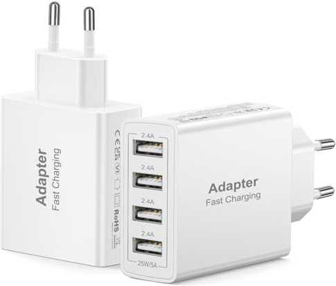 Cargador USB Multiple 2Pack, 4 Puertos Enchufe USB Multiple Carga Rapida 25W 5V/2.4A Cargador Móvil Carga Rapida Adaptador Cargador Rapido para iPhone 17 16 15 Pro,iPad,Samsung S25 S24/S23/S22, Xiaomi
